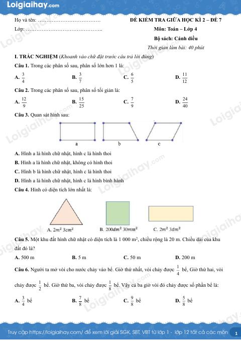 Đề kiểm tra giữa học kì 2 Toán 4 Cánh diều - Đề số 7